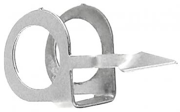 The image shows a small, silver metal clip with two rings and a pointed end protruding on one side. It is often used for fastening or holding.