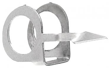 The image shows a small, silver metal clip. It has two circular openings and a flat, pointed tab on one side that is used for fastening.
