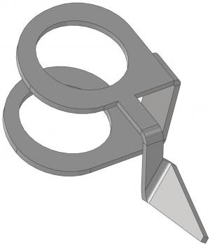 The image shows a gray, metallic tool with two large, round eyelets and an angled, sharp blade. It has an ergonomic shape for a good grip.