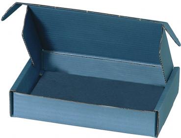 This is an open, rectangular box made of blue cardboard. The sides are upright, with a flat bottom surface and no lid. The edges are sharp and the surface is smooth.