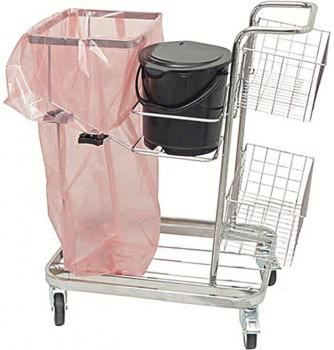 The image shows a cleaning cart with a large, transparent trash bag, a black bucket, and two open, metal storage baskets on the side. The cart has wheels.
