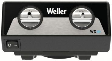 The image displays a black device with a curved shape. At the top, there are two round buttons and the logo 