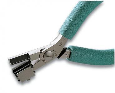 The image shows a pair of pliers with grippy, turquoise plastic handles. The pliers have flat, wide jaws and are made of shiny metal. They are suitable for bending or cutting wire.