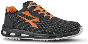 The shoe is sporty, with a black upper and orange accents. It has a flat, grippy sole and laces that hold well. Ideal for activities.
