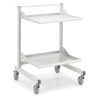 The image shows a mobile tablet stand with two levels. It is made of white metal and has wheels for easy movement. The top has a small edge to secure items.
