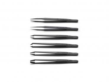 The image shows six slim, black tweezers arranged in a row. They have different tip shapes, are made of metal, and appear precise and handy.