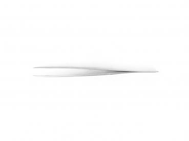 The image shows a long, narrow pair of tweezers made from shiny metal. It has two prongs that taper at the top and are designed for picking up small objects. The background is white.