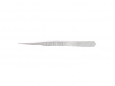 The picture shows a long, slender metal tweezer. It has a smooth surface, tapers to a pointed tip, and has fine ridges on one side for better grip.