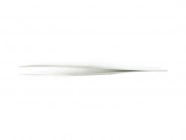 The image shows a straight, narrow pair of metal tweezers. It has two long, narrow arms that meet at one end, and a fine tip for precise handling.