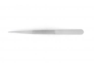 The image shows a silver tweezer with a long, narrow tip and a flat end. The surface is smooth, and a ribbed pattern provides better grip.