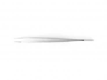 The image displays a long, narrow metallic tweezer in silver color. It features a flat, slightly curved shape and a pointed tip for grasping small objects.