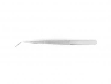 The image shows a metallic tweezer with a narrow, curved tip. The handle has a non-slip texture for better grip. It is silver and elongated.