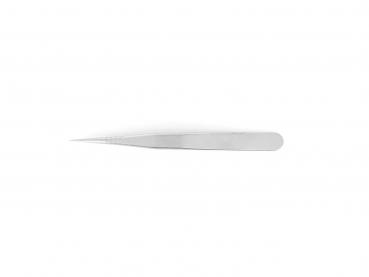 The image shows a long, narrow, metallic tweezer. It has a pointed and smooth shape with slightly rounded edges and is shiny silver.
