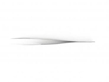 The image shows a long, narrow metal tweezer that tapers in the middle. The surface is shiny and reflects light, against a white background.