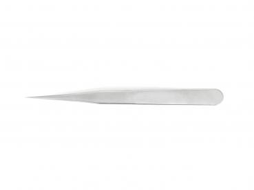 The image shows a long, narrow tweezer with a pointed and a broad side. It is made of metal and has a shiny surface.