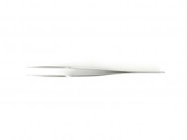 The image shows a slim, silver tweezer. It is elongated, with a slightly narrowed tip and has a smooth, modern look. The background is solid white.