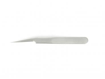 The image depicts a narrower surgical knife, approximately 15 cm long. The blade is pointed and slim, the handle is flat and slightly curved, all in shiny metal.