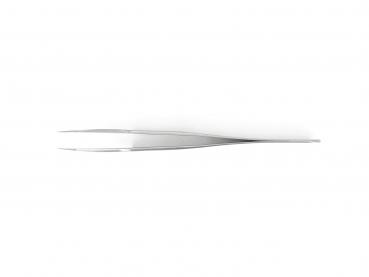 The image shows a narrow, shiny stainless steel tweezer. It has a pointed shape with two long, parallel edges that meet at one end. The background is white.
