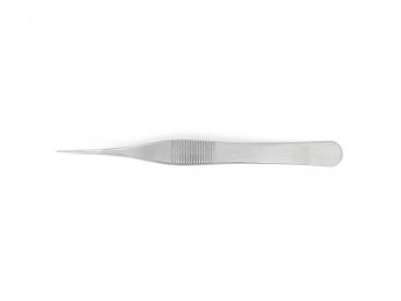 The image shows a narrow, metal tweezer. It is elongated, has a pointed edge, and a ridged surface on the handle for better grip. It lies flat on a white background.