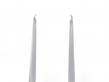 The image shows a silver tweezer with two pointed, slightly curved ends that are aligned parallel to each other. The background is white.