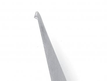 The image displays a sharp, narrow pair of metal pliers that are slightly curved. The surface is shiny and smooth, while the tip is slightly beveled on one side.