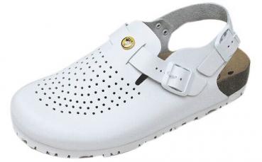 The shoe is a white clog with perforated upper and an adjustable strap with a buckle. The sole is lightweight and has a simple design.