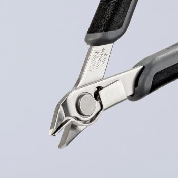 In the picture, there is a nail or wire clipper. It has a shiny, metallic blade and a comfortable, black handle. The blades are sharp and precise.