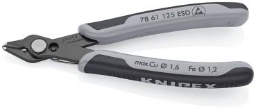 The image shows a small pair of pliers with sturdy, gray and black handles. The pliers have a pointed, sharp cutting surface and are suitable for precise cutting.