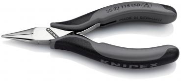 The image shows a long, pointed pliers with a silver metal head and black-gray, ergonomic handles. The pliers have a precise, narrow opening.