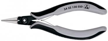 The image shows a pair of pliers with long, tapered jaws. It has black rubber grips and a silver tip. The model number is on one of the grips. The pliers are in an open position.