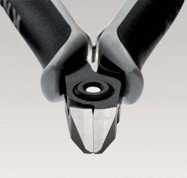 The image shows the head of a pair of pliers with two sharp, metallic blades. The handles are rubberized and ergonomically shaped to provide a good grip. The background is plain and gray.