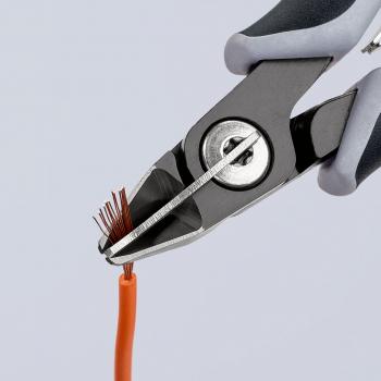 The image shows a pair of pliers working on an orange wire. The pliers have a metallic, shiny surface and gray rubber grips. Copper wires are protruding from the wire.
