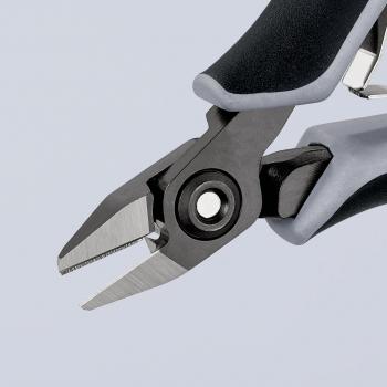 The image shows a pair of pliers with black and gray rubber grip coating. The tips are sharp and slightly angled, suitable for cutting and gripping. The pliers have a sturdy, metallic construction.