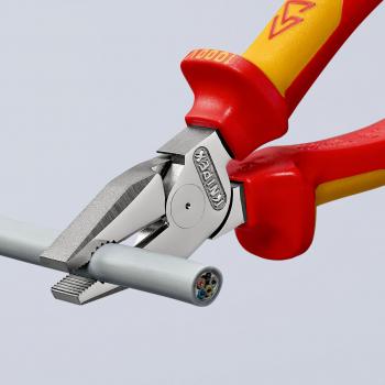 The image shows a pair of pliers with red and yellow handles holding a grey plastic hose. The jaws of the pliers are metallic and shaped for precise gripping.