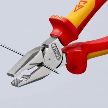 The image shows a pair of pliers with red-yellow handles. The pliers have a pointed, flat edge for gripping and a ridged area for better hold. Inside, a thin wire is visible.