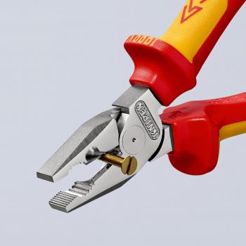 The image shows a pair of pliers with red and yellow plastic handles. The jaws are flat and have a serrated surface suitable for gripping and holding tasks.