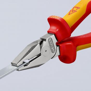 The image shows a pair of pliers with red and yellow plastic handles. The pliers have sharp, metallic jaws that are used for gripping and cutting.