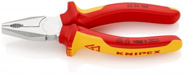 Es handelt sich um eine rote Zange mit gelben Griffen. Die Zange hat eine metallene, flache Spitze und ist für Elektroarbeiten isoliert (1000 V). Die Marke "KNIPEX" ist auf dem Griff sichtbar.