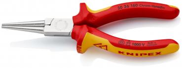 The image shows a combination pliers with pointed jaws. It has red, ergonomic handles with yellow accents. On the pliers, it reads "KNIPEX" and safety markings.