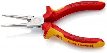 The image displays a red-yellow pliers with long, narrow jaws. The handles are ergonomically shaped, with a special insulating material for electrical safety. It is from the brand Knipex.