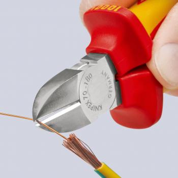 The image shows a hand holding a pair of side cutters. The blades are cutting through a thin copper wire connected to an insulated green and yellow cable.