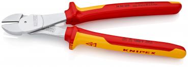 The image shows a pair of pliers with red and yellow insulated handles. The pliers have a pointed cutting edge and a shiny metallic surface. They are from KNIPEX.
