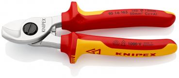 Das Bild zeigt eine Kabelschneiderzange. Sie hat metallene Schneideklingen und ergonomische Griffe in Rot und Gelb. Die Zange ist für Arbeiten mit elektrischen Leitungen ausgelegt.
