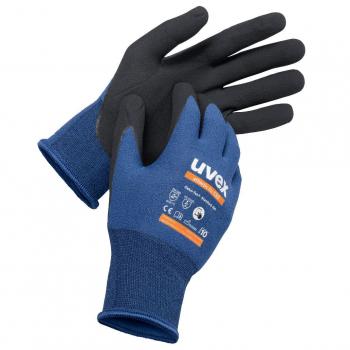 Das Bild zeigt ein Paar Handschuhe. Sie sind blau mit einem schwarzen Griff. Die Handschuhe haben ein elastisches Bündchen und ein Etikett mit orangefarbenem Schriftzug.