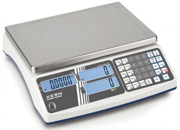 The digital scale features a rectangular, flat metal weighing surface. On the front, there are two large digital displays and a keypad with numeric and functional keys.