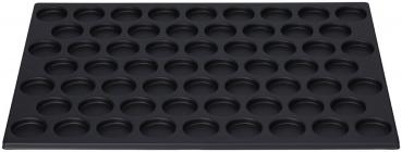 Das Bild zeigt ein schwarzes Backblech mit 48 runden Vertiefungen. Es hat eine flache, rechteckige Form und ist aus einem glatten Material. Ideal zum Backen von Muffins oder ähnlichem.