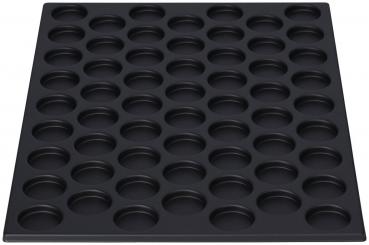 Das Bild zeigt ein schwarzes Backblech mit 48 runden Vertiefungen. Die Vertiefungen sind gleichmäßig angeordnet und haben einen glatten Rand, ideal für Muffins oder kleine Backwaren.