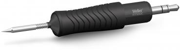 The image shows a soldering iron with an ergonomic, rubberized handle. The tip is made of metal, slender and elongated, while the handle is black with grooves for better grip.
