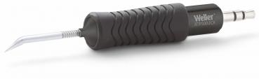 The image displays a soldering iron with a black, ergonomic handle that is slip-resistant. The tip is thin and metallic, ideal for precise soldering.