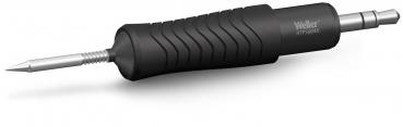 The image displays a tool featuring a round, black handle with grooves for improved grip. At the end, there is a pointed, metallic tip. It is likely a soldering iron or a similar device.